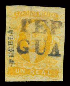 MEXICO 1856 HIDALGO 1r yellow - PUEBLA - disct ovpt. Sc# 2 used VF  TEPEYA cxl