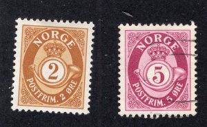 Norway 1941 2o & 5o Post Horns, Scott 188 MH, 190 used, value = 50c