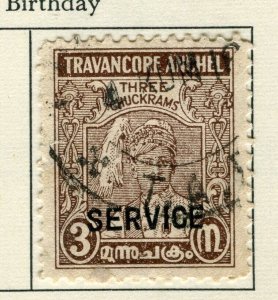 INDIA TRAVANCORE; 1939 early GVI Maharaj SERVICE local Optd. used 3c. value