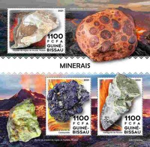 Guinea-Bissau - 2021 Minerals, Fluorite, Azurite - 3 Stamp Sheet - GB210404a