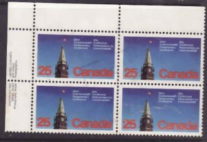 Canada-Sc#740- id5-used 25c Peace Tower UL plate block-1977-