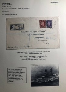 1940 Cheltenham England Registered Cover To USS Pensilvania Long Beach Ca USA