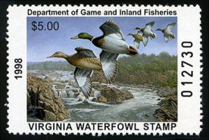 United States, Duck Hunting - State #VA11 Cat$12, Virginia, 1998 $5 Mallards,...