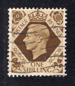 Great Britain 1939 1sh brown George VI, Scott 248 used, value = 70c