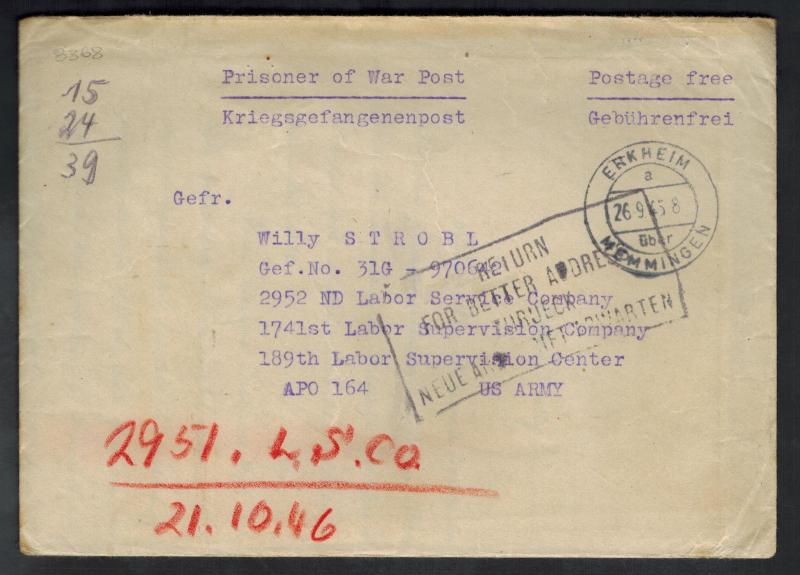 1945 Erkheim Germany to USA Army POW Camp Cover Prisoner of War APO 164 Returned