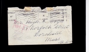 GREAT BRITAIN WORLD WAR 1 AUG 14 1918 ARMY P.O.3 ACTIVE SERVICE COVER TO USA