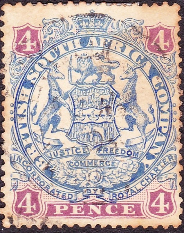 RHODESIA - BRITISH SOUTH AFRICA CO 1896 QV 4d Blue & Mauve SG32b Used