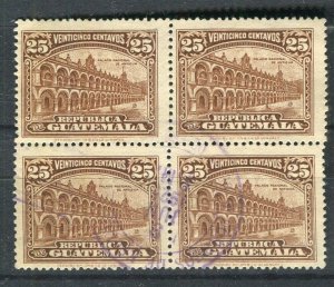 GUATEMALA; 1922 early National Symbol issue 25c. fine used BLOCK of 4