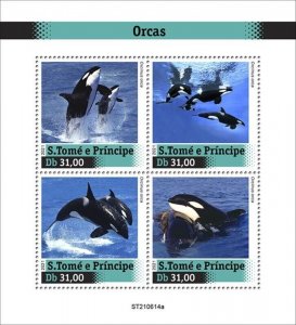St Thomas - 2021 Orcas Killer Whales - 4 Stamp Sheet - ST210614a