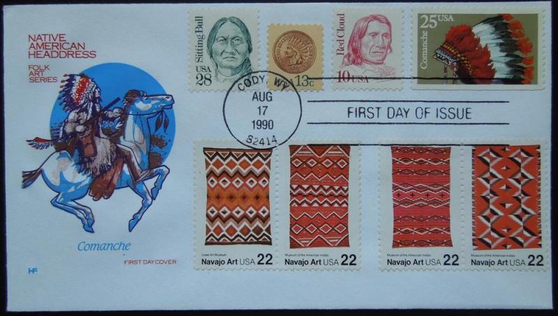 2501-2505 FDC Indian Headdresses 8/17/90 set of 5