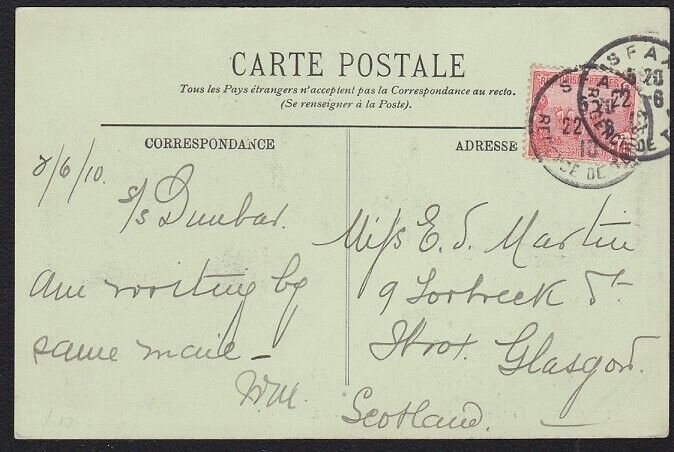 TUNISIA 1910 postcard ex SFAX to Glasgow, Scotland.........................A9565