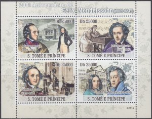 ST THOMAS & PRINCIPE Sc# 1965 MNH S/S of 4 Diff for FELIX MENDELSSOHN , COMPOSER