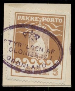 GREENLAND #Q3a (P2B) 5ore Pakke Porto, 1905 issue, tied on piece by oval cancel