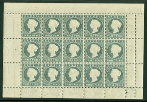 SG 29 Gambia 1886-93. 3d grey. A fine unmounted sheet of 15 (hinged in margin)