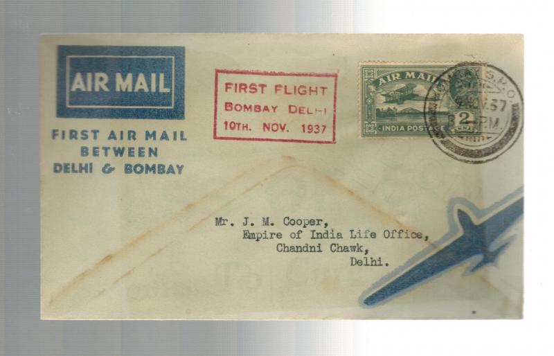 1937 Bombay to Delhi India First FLight Cover FFC ATA Airmail