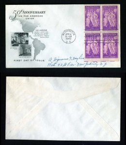 # 895 Block of 4 First Day Cover addressed with Artcraft cachet dated 4-14-1940