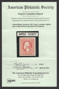 SCOTT #533 Mint - Superb - Hinged OG Gum Glaze APS Cert. (LB 12/07)