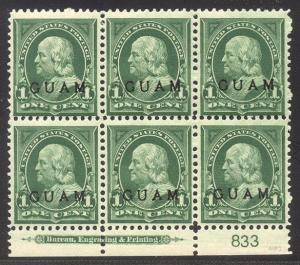 GUAM #1 SCARCE Plate Block - 1899 1c Deep Green