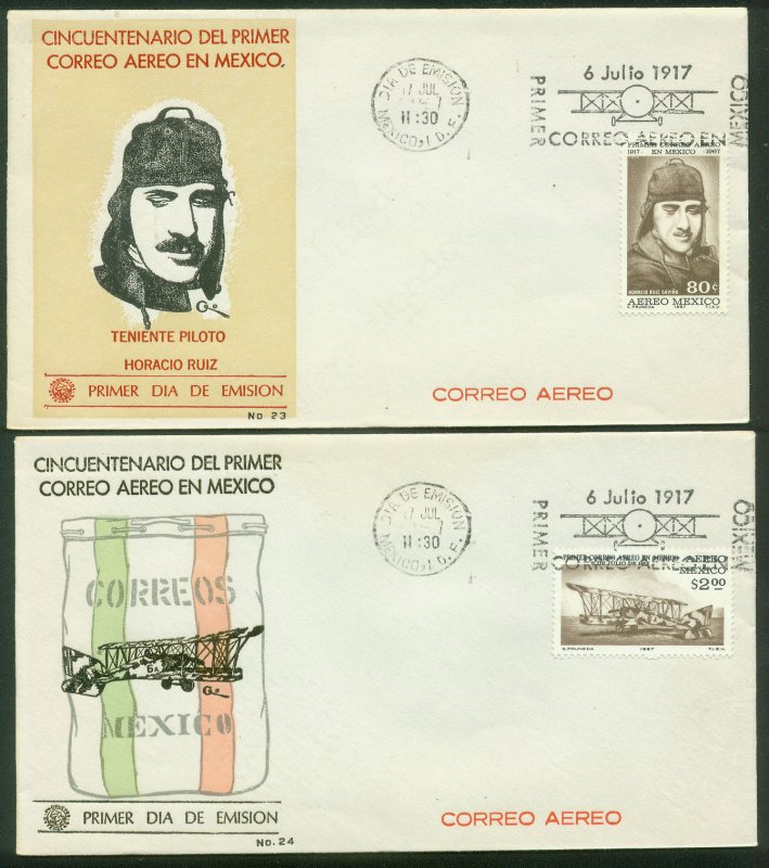 MEXICO C325-C326, 50tth ANNIVERSARY OF THE 1st AIR MAIL. 2FDCs VF. (96)