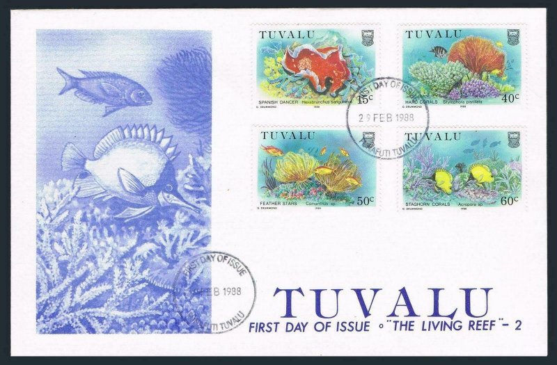 Tuvalu 465-468,FDC. Michel 485-488. Spanish dancer,Hard coral,Stars,Fish.1988.