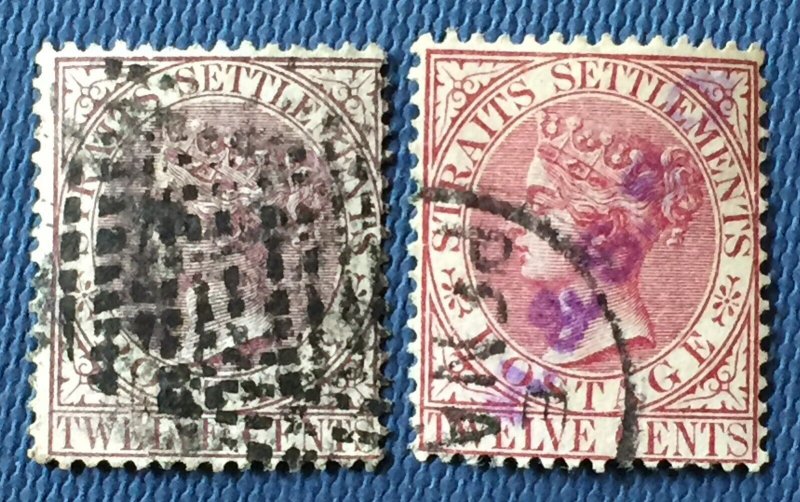 Malaya Straits Settlements 1883&99 QV 12c Wmk CA Variety Used SG#67 & 102 M4729