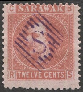 SARAWAK 1875 Sc 7  12c Used  VF, Bullseye barred S cancel