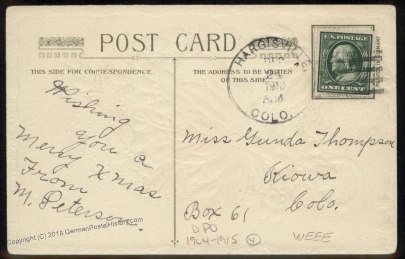 USA 1914 HARGISVILLE Elbert Colorado DPO Cover Postcard Embossed Christmas 94232