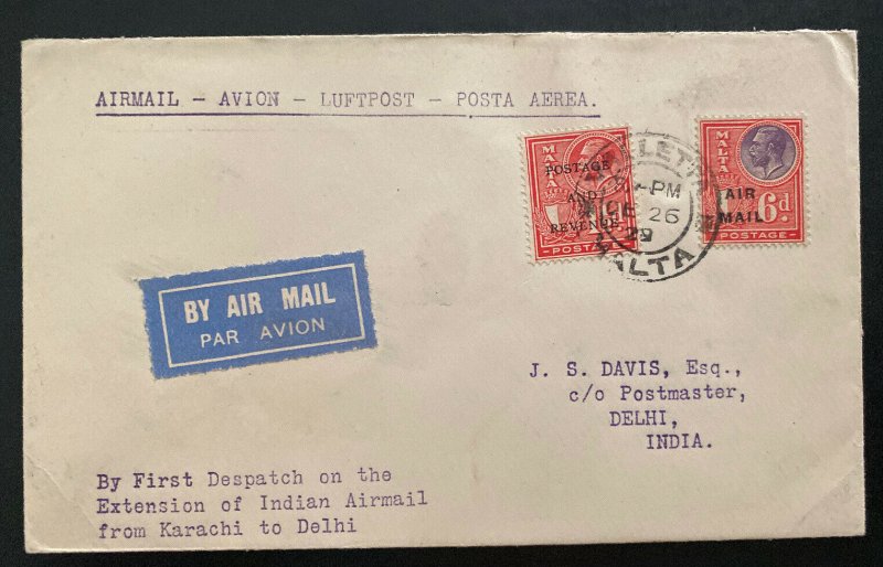1929 Valletta Malta First flight Airmail cover FFC To Delhi India Via Karachi