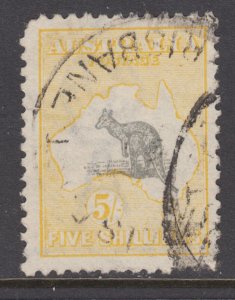 Australia Sc 54 used. 1918 5sh yellow & gray Kangaroo, short corner perf