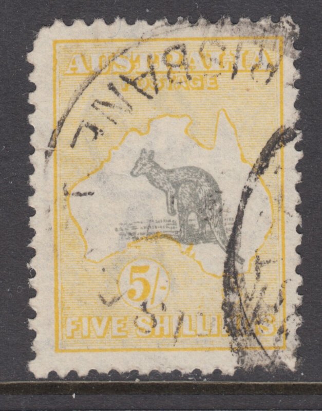 Australia Sc 54 used. 1918 5sh yellow & gray Kangaroo, short corner perf