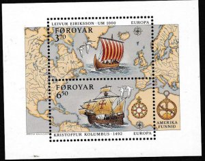Faroyar Island 1992 Columbus Mini-Sheet of Two  SHIPS  VF/NH/(**)