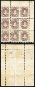 Newfoundland 1880 SG44a 1c Dull Brown Un-used (no gum) re-enforced Block of 9