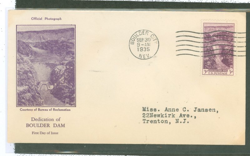 US 774 1935 3c Boulder Dam completion  (single) on an addressed (typed) FDC with an F.R. Rice cachet