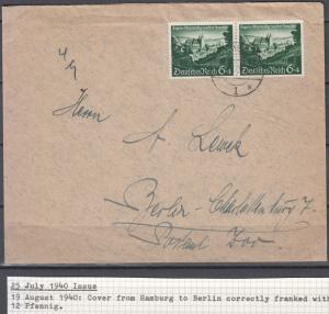 Germany - 19.8.1940 6pf+4 Reunion as MeF on cover Hamburg - Berlin (2041)