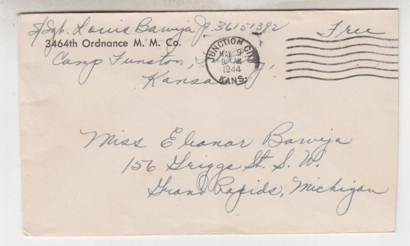 3464th. Ordnance M.M. Co., Camp Funston, Kansas, 1944 Free Mail cover to MI.