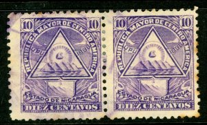 Nicaragua 1896 Seebeck 10¢ Coat of Arms Wmk Pair Postally Used B945 ⭐⭐⭐⭐