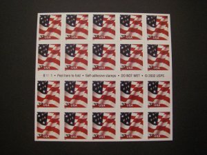 Scott 3635a, 37c Waving Flag, Pane of 20, #B1111, MNH Beauty