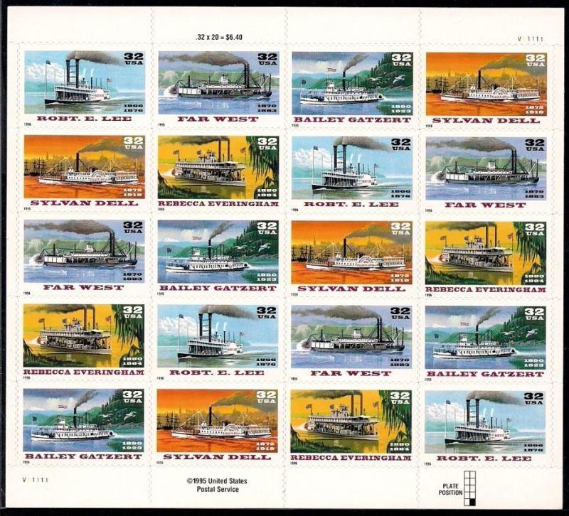 #3091 - 3095  Riverboats 32¢ 1995 Sheet  MNH River Boats Steamer Steambo