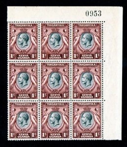 British KUT 1935 Sc 46 MNH = George V = Cranes, Block of 9 with SERIAL NUMBER