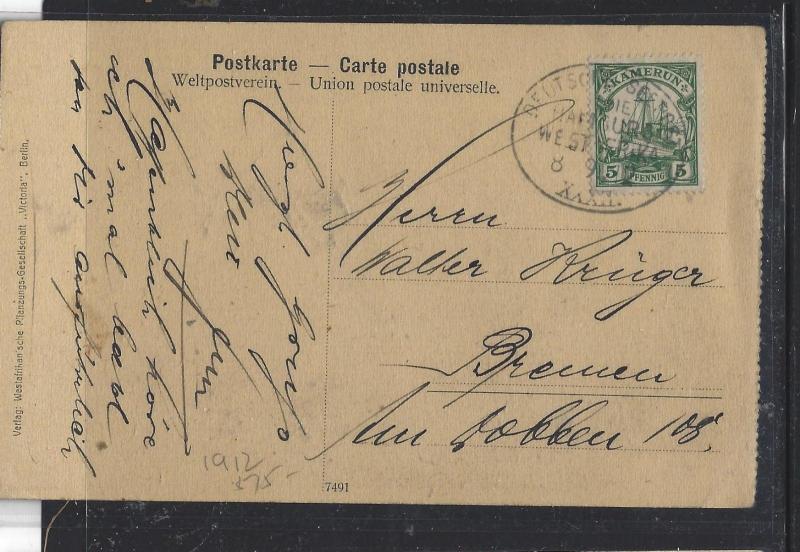 GERMAN CAMEROUN (P1809B) 1912   5PF ON PC TO GERMANY SOLDIERS GERMAN IN PICTURE