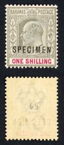 Bahamas SG67 1902 1/- Grey-black and Carmine wmk Crown CA opt SPECIMEN M/Mint