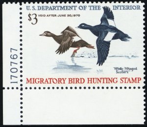 RW36, Mint XF NH $3 Federal Duck Stamp With PL# - Stuart Katz