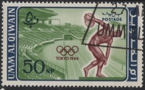 Umm al Qiwain Mi19 (used cto) 50np Tokyo Olympics: discoboulos, stadium (1964)