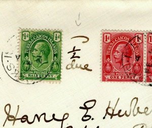 TURKS & CAICOS KGV Underpaid Cover Manuscript Postage Due 1921 W511b
