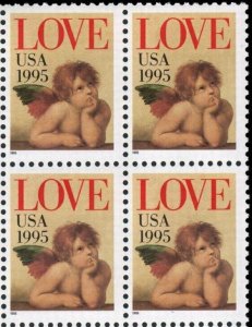 1995 Love Cupid Valentines Block of 4 32c Postage Stamps, Sc# 2948, MNH, OG