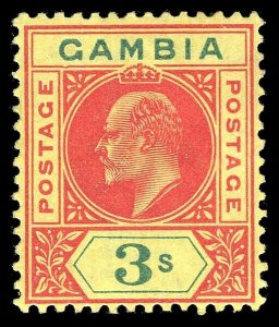 Gambia 1902 KEVII 3s carmine & green/yellow DENTED FRAME variety VFM. SG 56a.