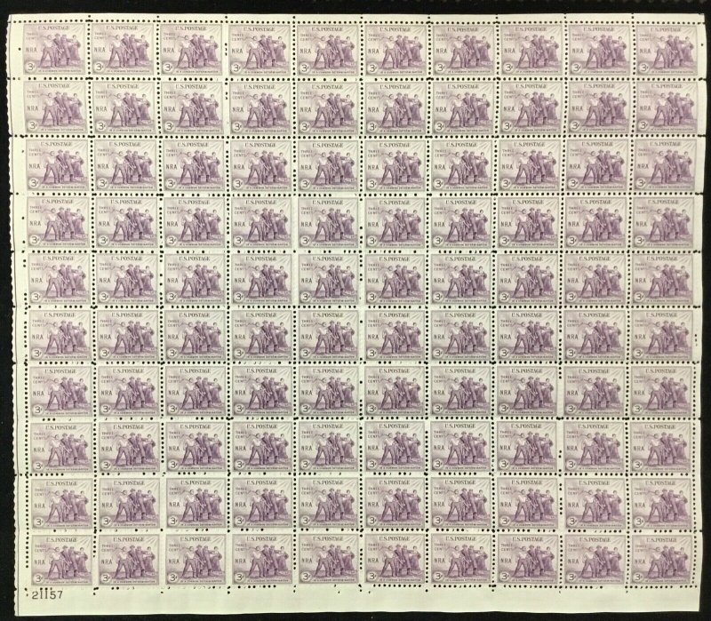 732   National Recovery Act   MNH 3c Sheet of 100    Issued in 1933