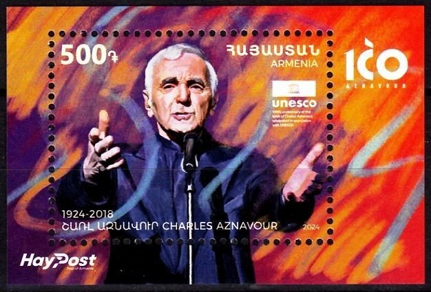 ARMENIA 2024-06 ART Music Cinema: Aznavour -100, Chansonnier. Souvenir Sheet MNH