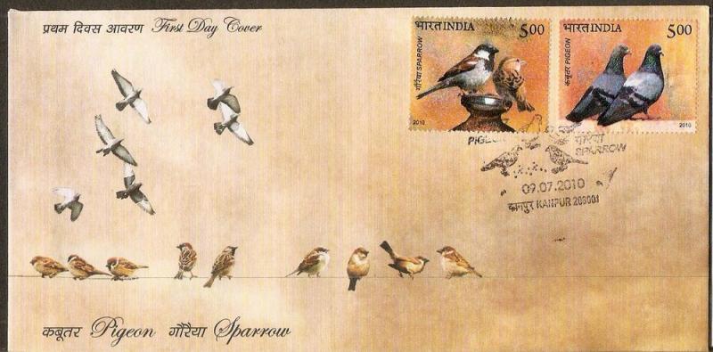 India 2010 Pigeon and Sparrow Birds Animals 2v FDC 