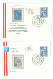 Austria 943 1973 Social Security Insurance organizations (single) on two unaddressed first day covers with different cachets.